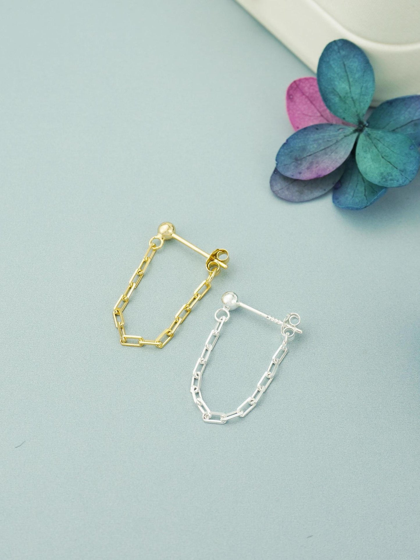 Pair of Paperclip Chain Stud Earrings in Sterling Silver or 18ct Gold Plated, Tiny Front & Back Ear Jacket