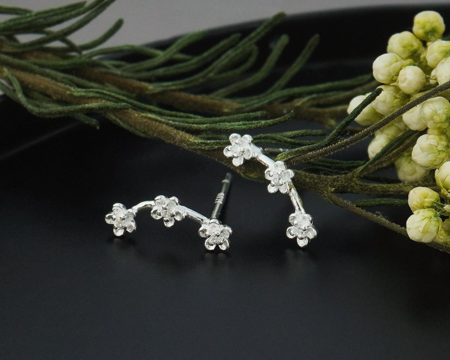 Pair of Tiny Trio Flower Climber Stud Earrings in Sterling Silver with Mini CZ Crystals