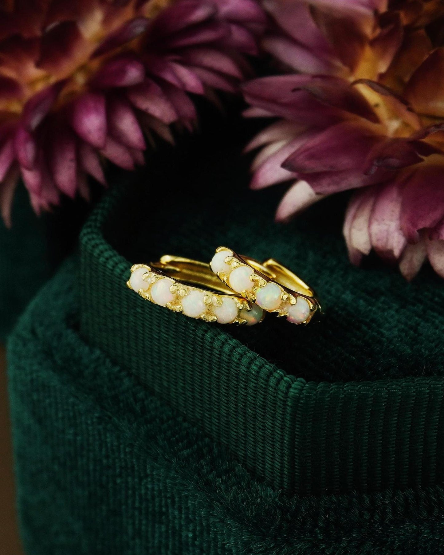 Elegant Opal Gemstone Huggie Hoop Earring in 2 Sizes, Sterling Silver Plated with 18ct Gold