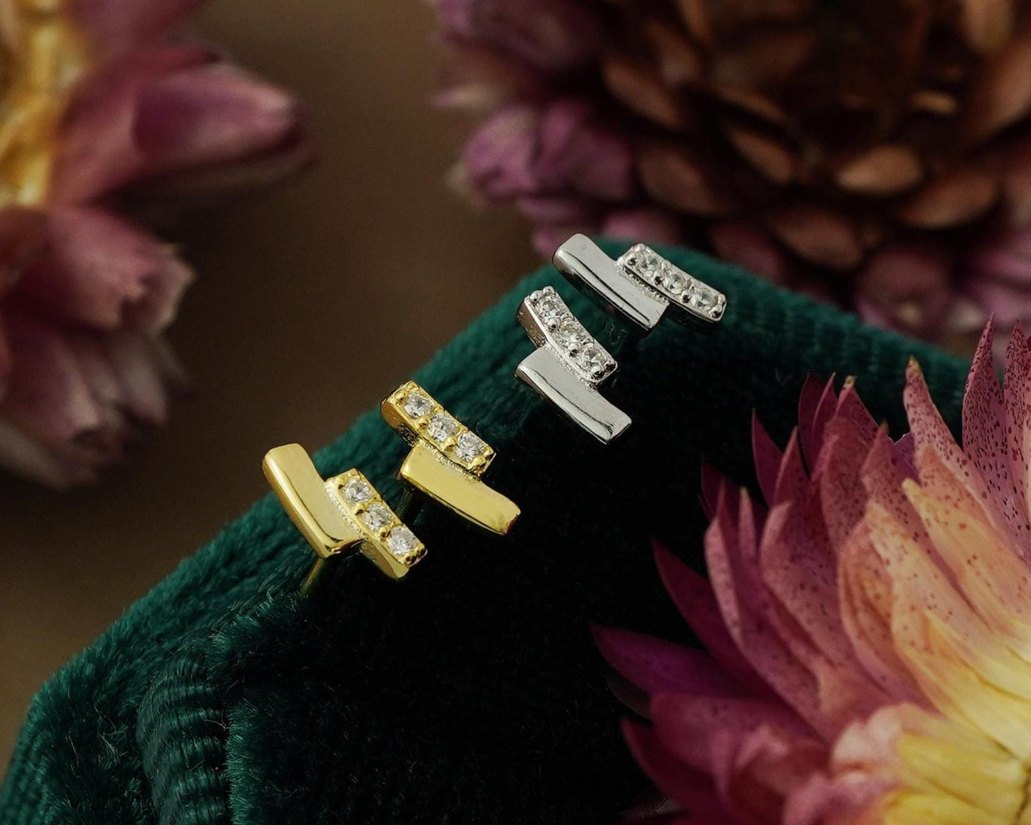 Pair of Tiny CZ Sterling Silver Stud Earrings in Rhodium or 18ct Gold Plated