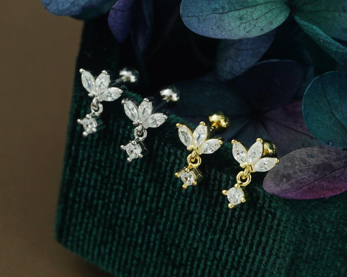 Pair of Trio Marquise CZ Sterling Silver Stud Earrings in Rhodium or Gold Plated, 3 Gem Cluster with Dangly Drop, Screw Ball Back