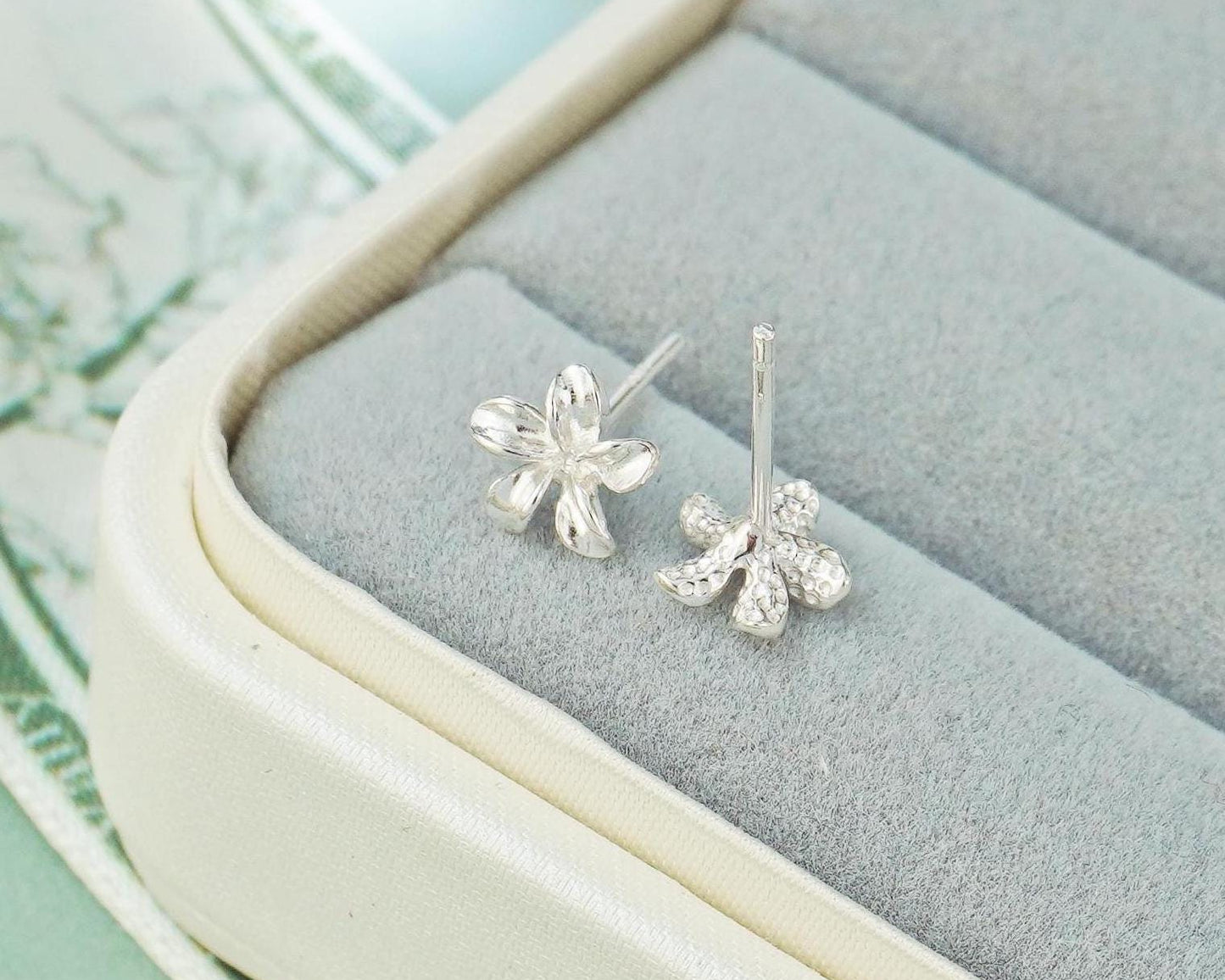 Pair of Tiny Plumeria Flower Stud Earrings in Sterling Silver, 3 Sizes Available