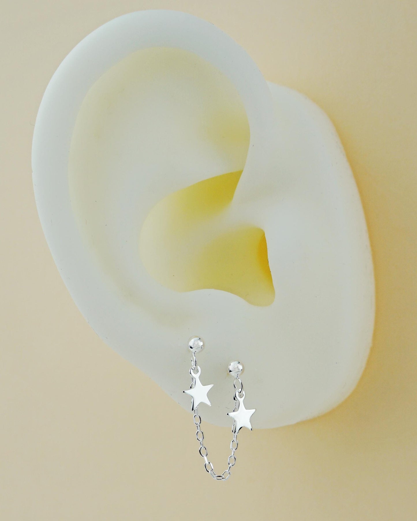 Pair of Double Stellar Stud Earrings in Sterling Silver, Dangly Celestial Twin Stars on Chain