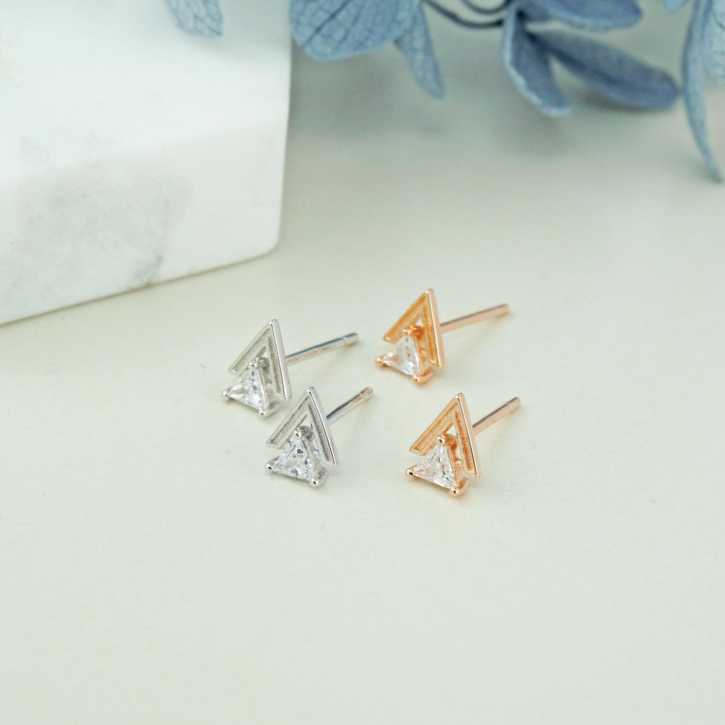 Pair of Double Triangle Arrowhead Stud Earring in Sterling Silver or Plated Rose Gold