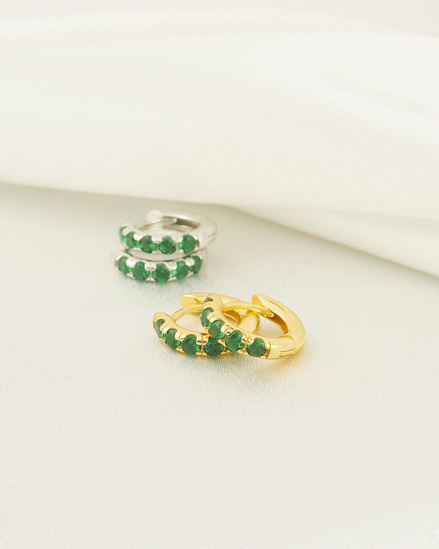Pair of Emerald Green CZ Huggie Hoop Earrings in Sterling Silver or 18ct Plated Gold