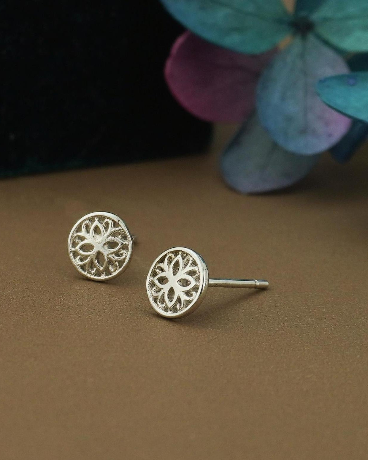 Pair of Spiritual Mandala Flower Stud Earrings in Sterling Silver