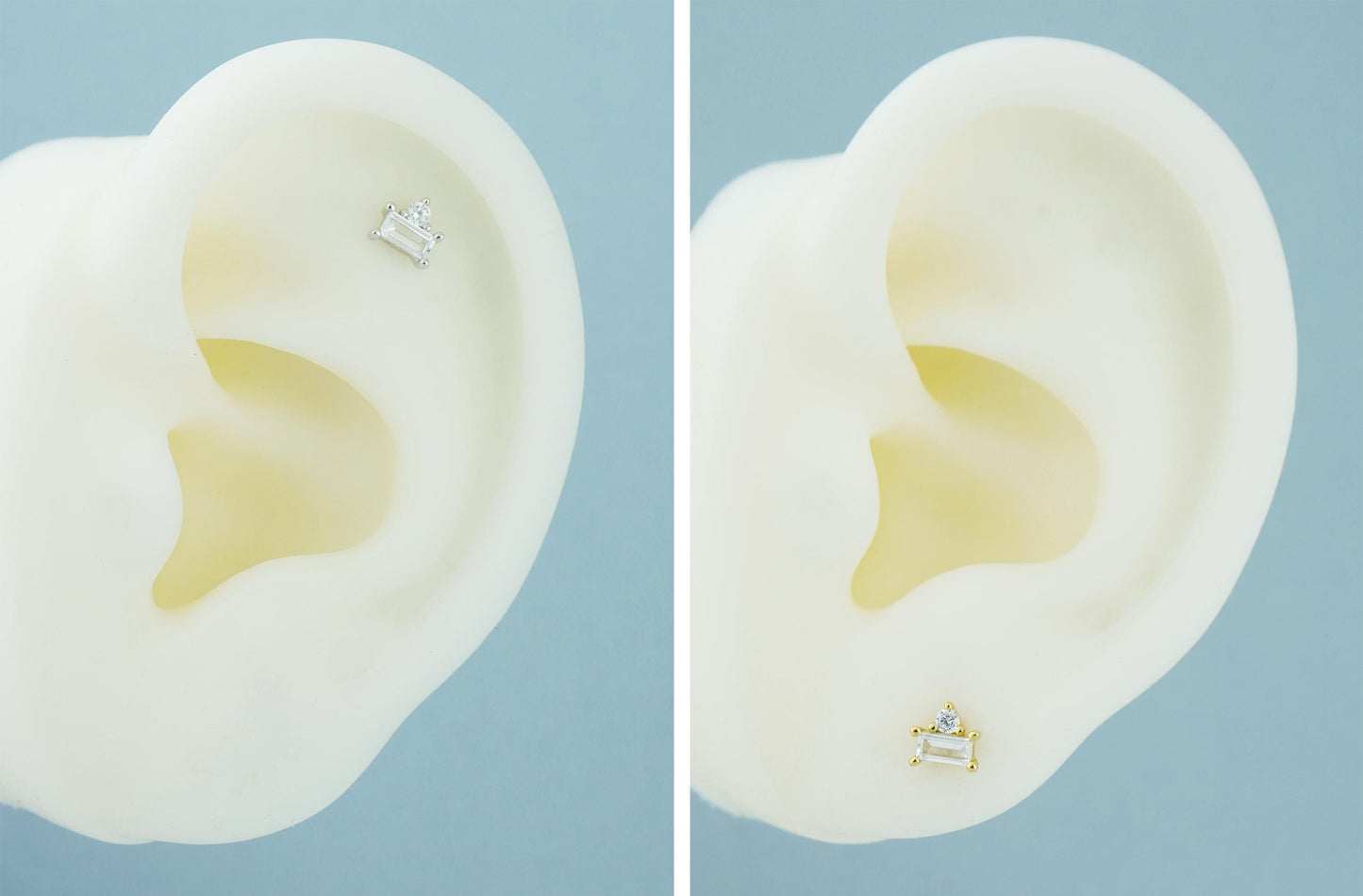 Pair of CZ Sterling Silver Stud Earrings in Rhodium or 18ct Gold Plated, Brilliant Cut & Baguette Duo Stacked Stone