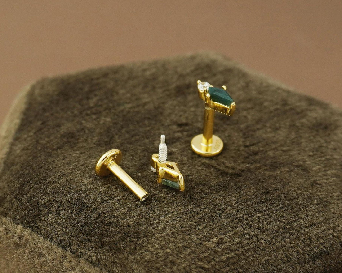 1 pc of Natural Green Moss Agate Kite Shape Flat Back Stud Earring in Gold Plated over Sterling Silver, Helix Tragus Cartilage Piercing Jewelry