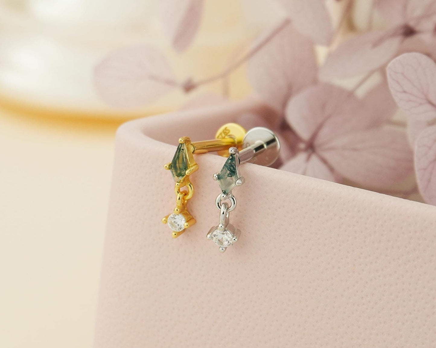 1 pc of VERY TINY Natural Green Moss Agate Kite Shape with Dangly CZ Stud Earring in Sterling Silver / Plated Gold