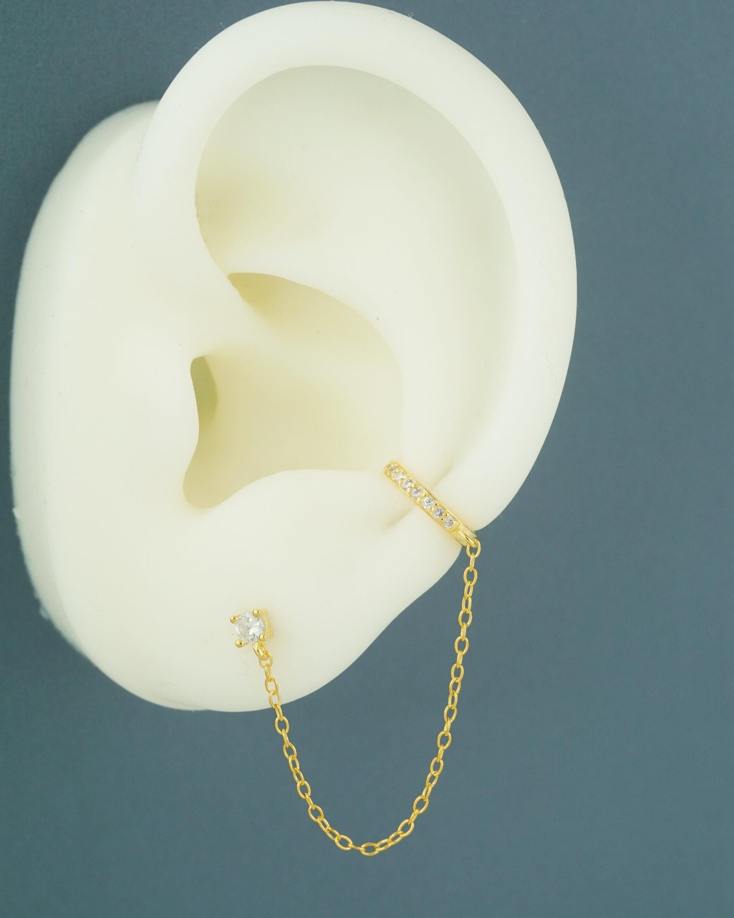 1 pc of Sterling Silver Stud Ear Cuff Earring in Silver or Plated Gold with Dangly Drop Chain, CZ Paved Dainty Earcuff