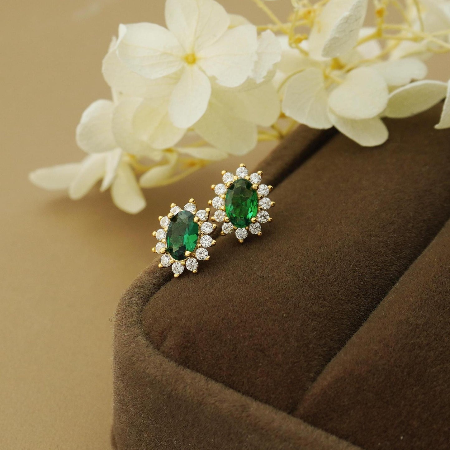 Pair of Halo Oval Emerald Green CZ Stud Earring in 14ct Gold Plated over Sterling Silver