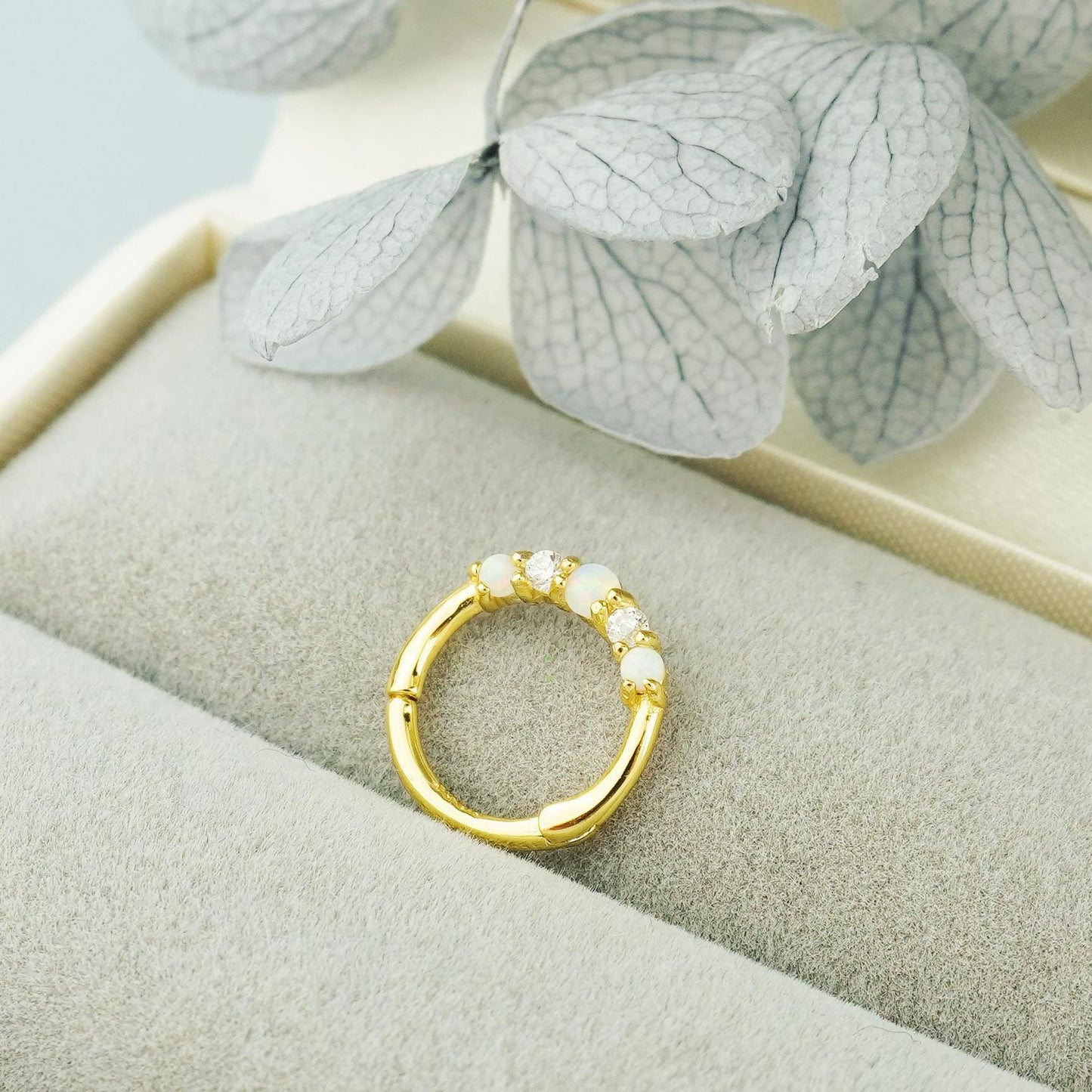 1 pc of 18G Hinged Opal & CZ Stone Daith Earring Hoop in 18ct Gold Plated over Sterling Silver, Helix Cartilage Clicker