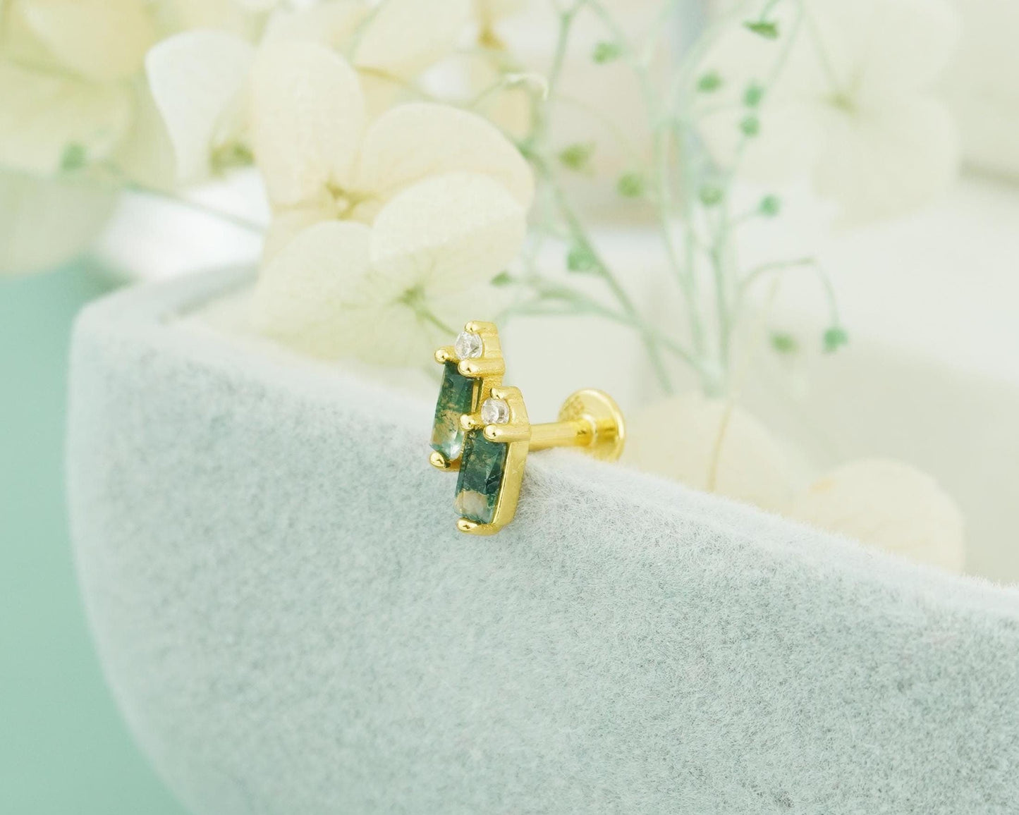 1 pc of Natural Green Moss Agate Double Baguette Stud Earring in Gold Plated over Sterling Silver