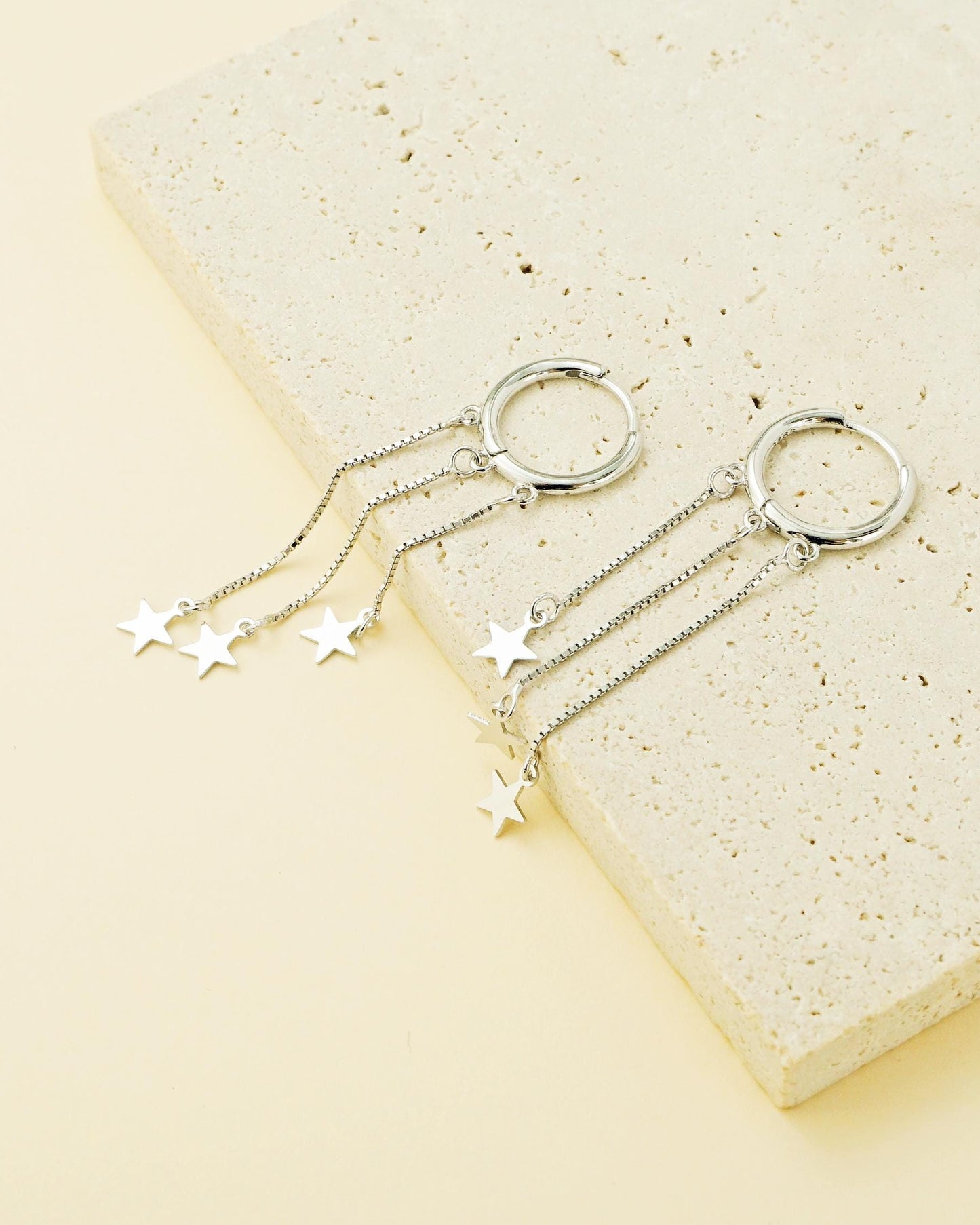Pair of Trio Stars Huggie Hoop Earrings in Sterling Silver, Dangly Celestial Charm, Dainty Tassel Triple Chain Ear Jewelry