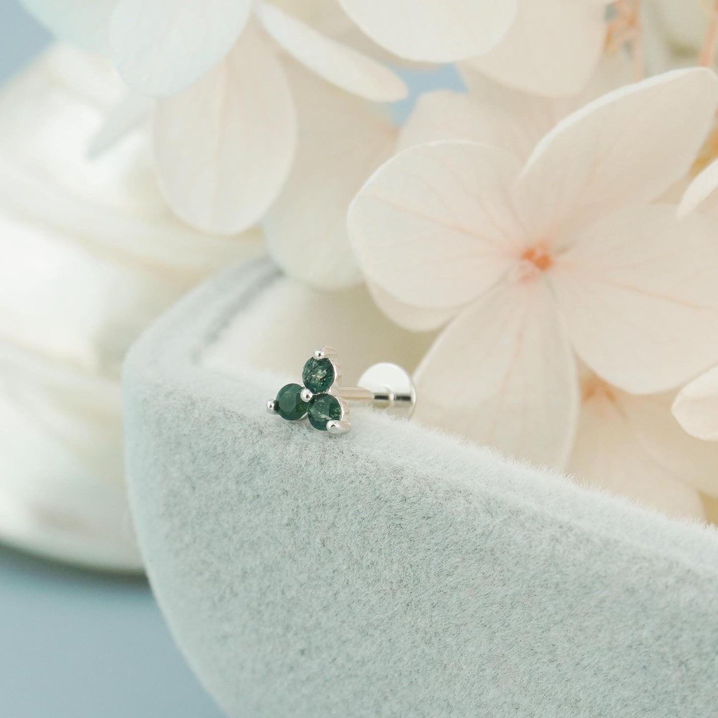 1 pc of Tiny Natural Green Moss Agate Flat Back Stud Earring in Sterling Silver /Plated Gold