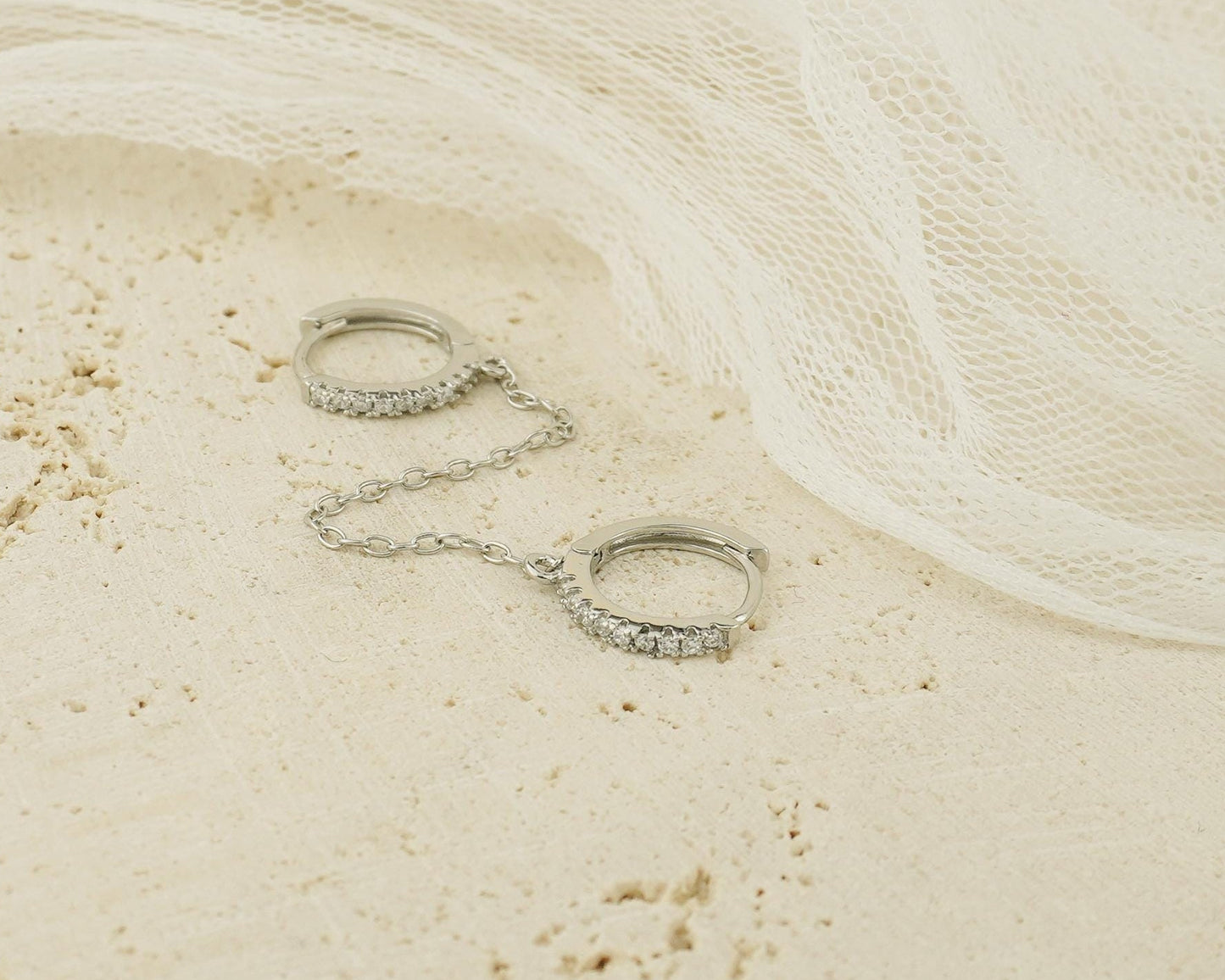 1 pc of Duo Hoop Earring with Dangly Link Chain in Sterling Silver or 18ct Gold Plated, Dainty CZ Crystal Paved Jewelry