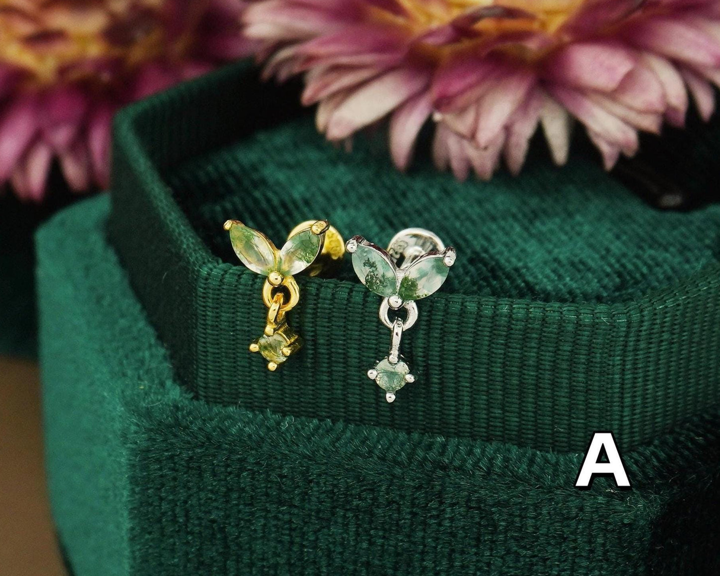 1 pc of Natural Green Moss Agate Flat Back Stud Earring in Sterling Silver/ Plated Gold