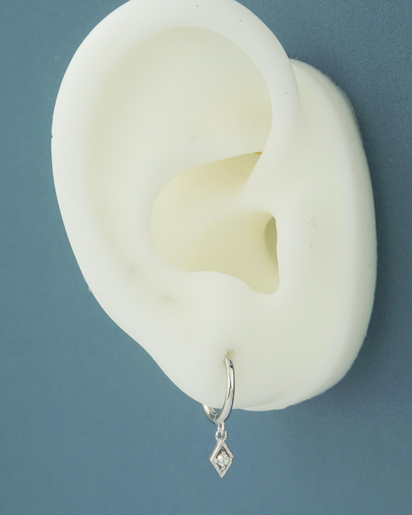 Pair of Tiny Dangle Diamond Shaped Charm CZ Huggie Hoop Earrings in 925 Sterling Silver or Plated Gold