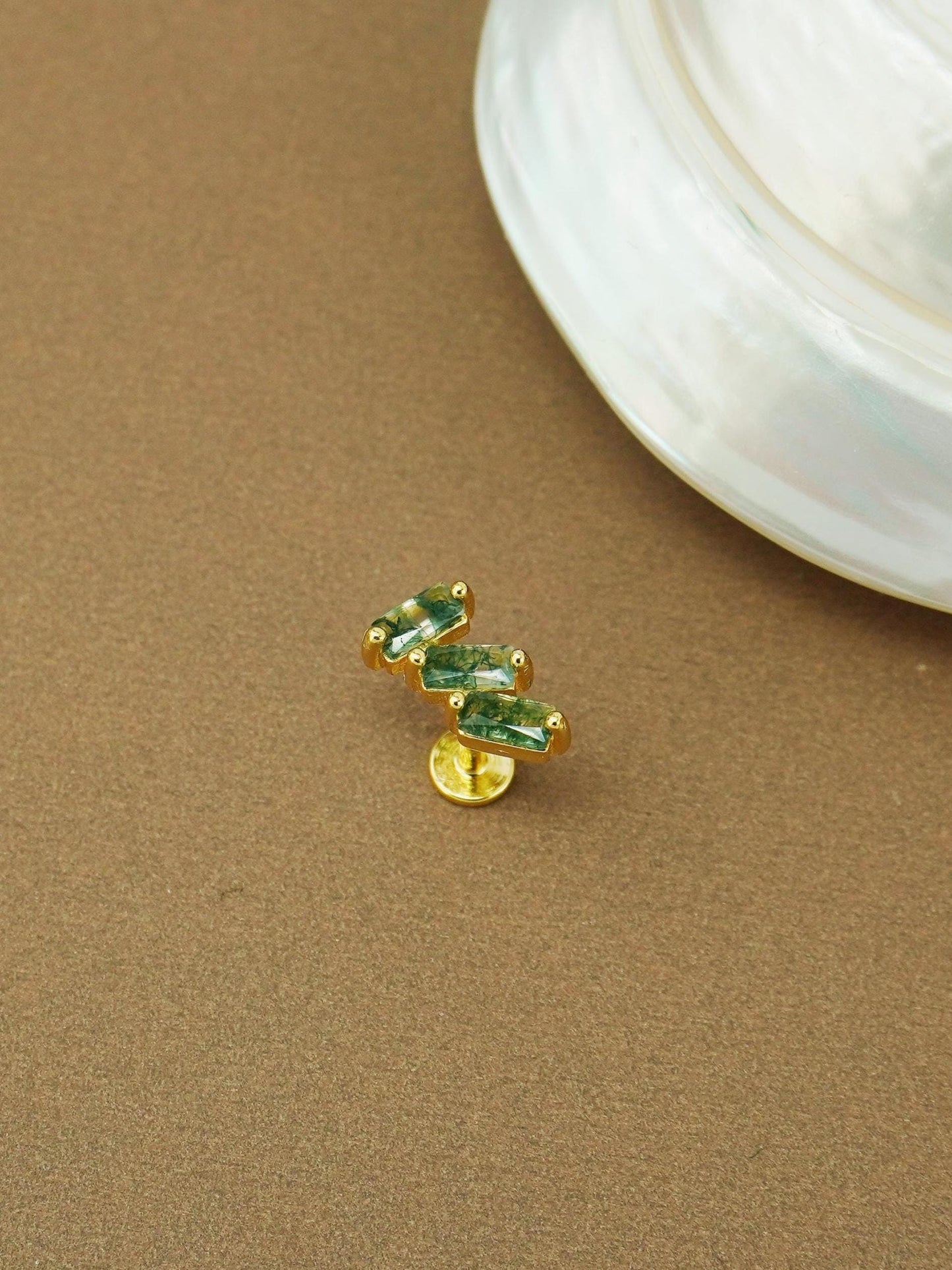 1 pc of Natural Green Moss Agate Triple Baguette Flat Back Stud Earring in Gold Plated over Sterling Silver