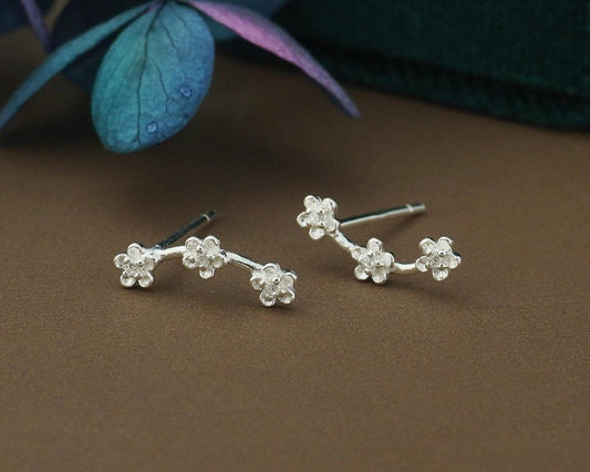 Pair of Tiny Trio Flower Climber Stud Earrings in Sterling Silver with Mini CZ Crystals
