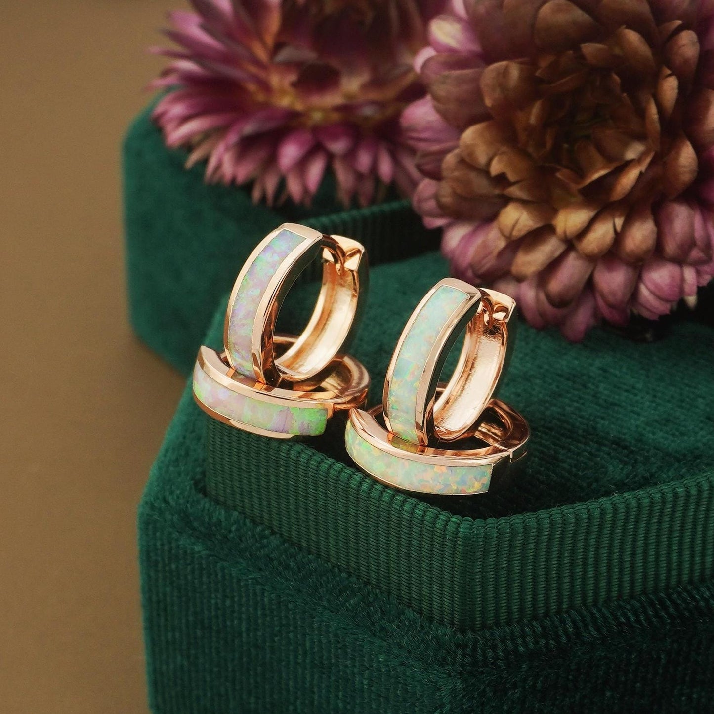 Pair of Elegant Opal Inlay Huggie Hoop Earrings in Rose Gold Plated Over Brass, Pink or White Stone