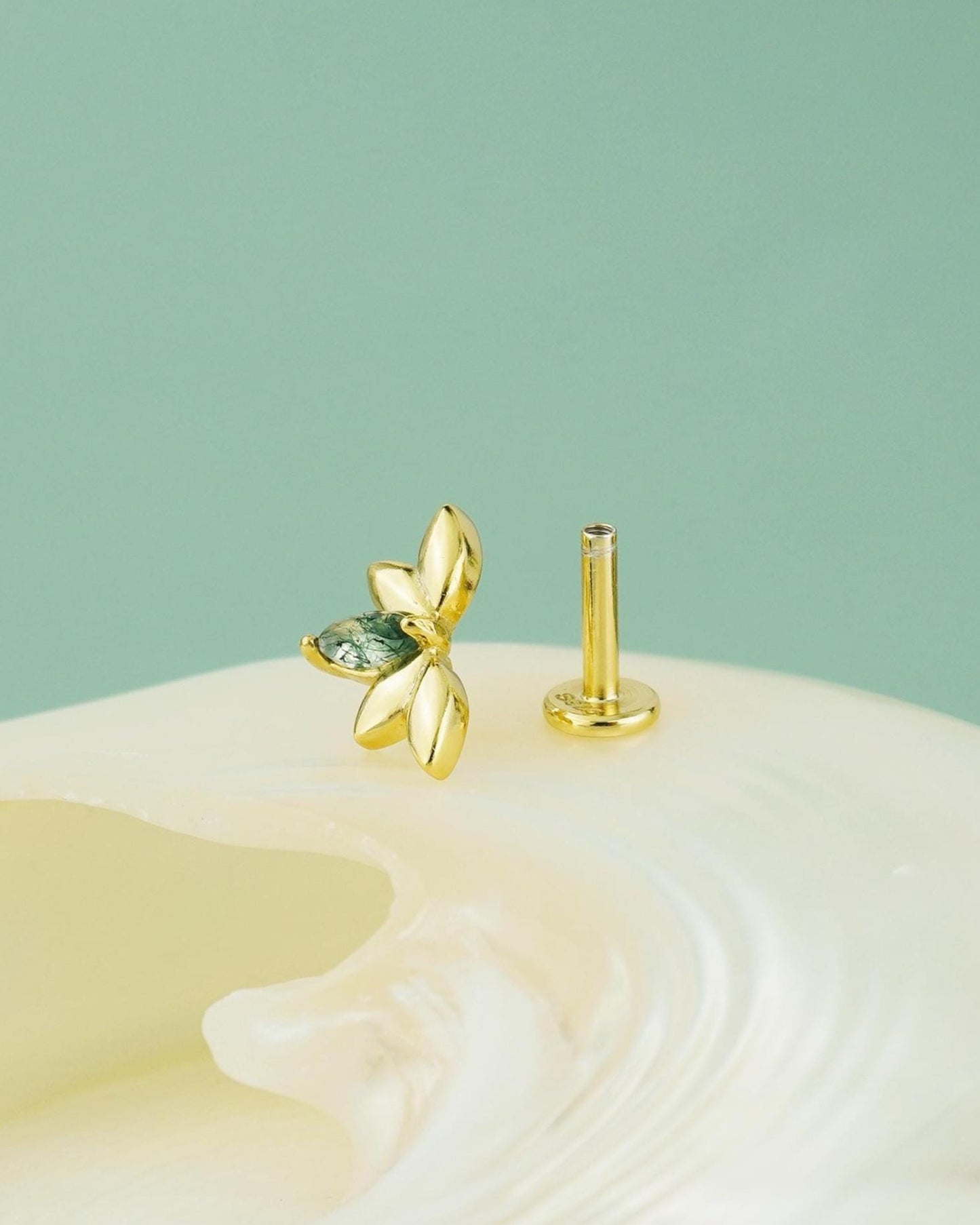 1 pc of Natural Green Moss Agate Marquise Crown Flat Back Stud Earring, Gold Plated over Sterling Silver