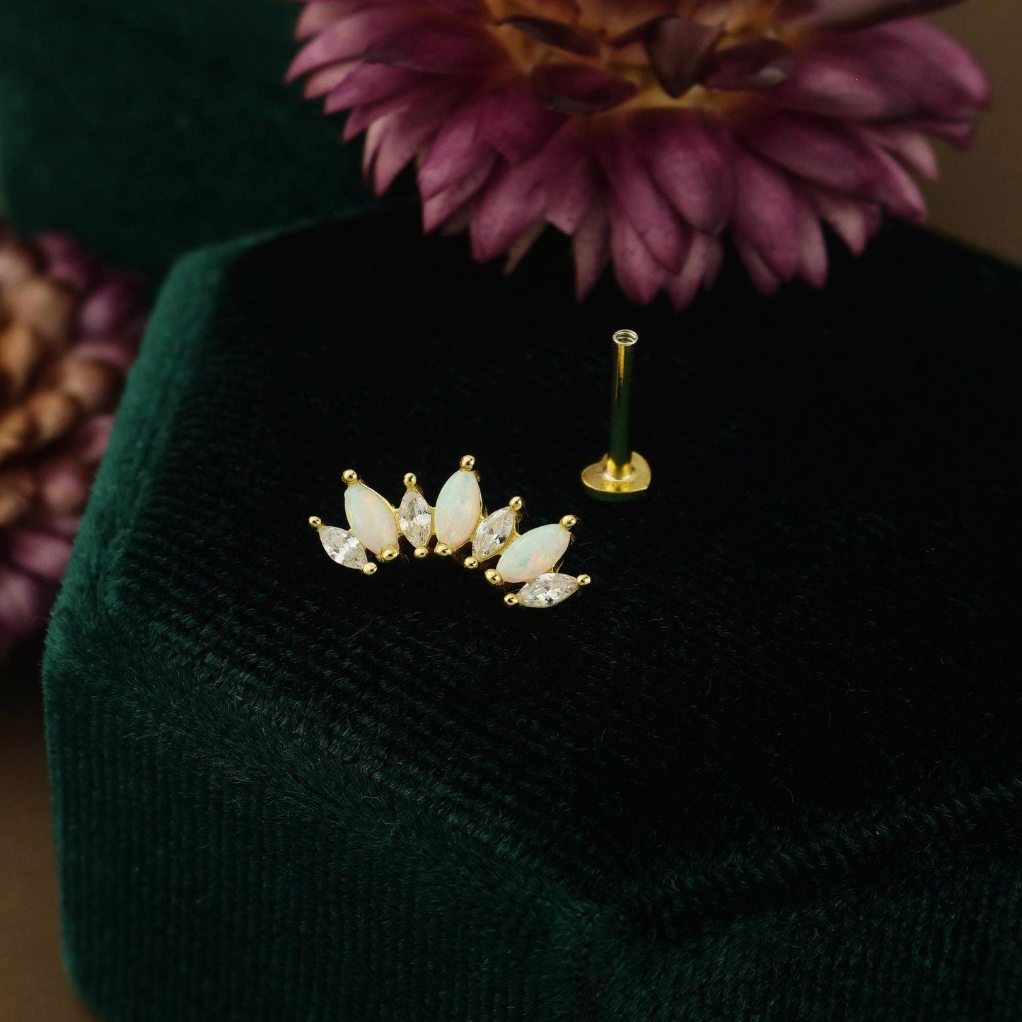 1 pc of Marquise Opal / Blue CZ Stud Earring in 18k Gold Plated over Sterling Silver, 16G Lobe Tragus Cartilage Piercing Jewelry