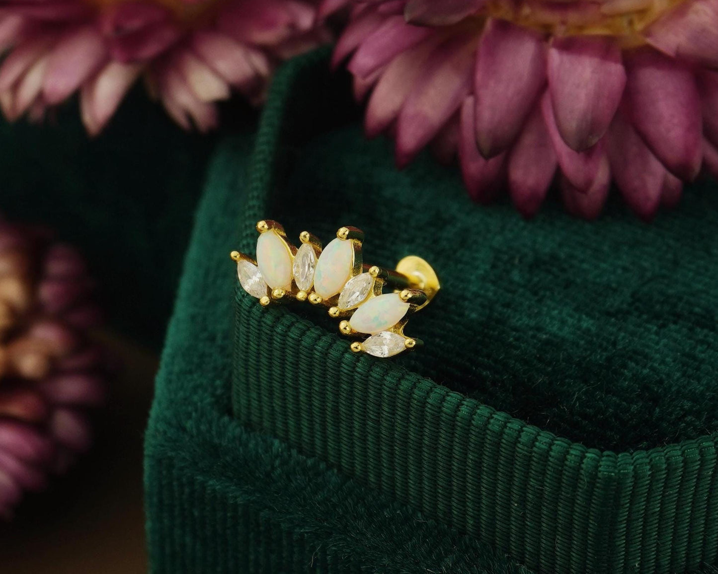 1 pc of Marquise Opal / Blue CZ Stud Earring in 18k Gold Plated over Sterling Silver, 16G Lobe Tragus Cartilage Piercing Jewelry