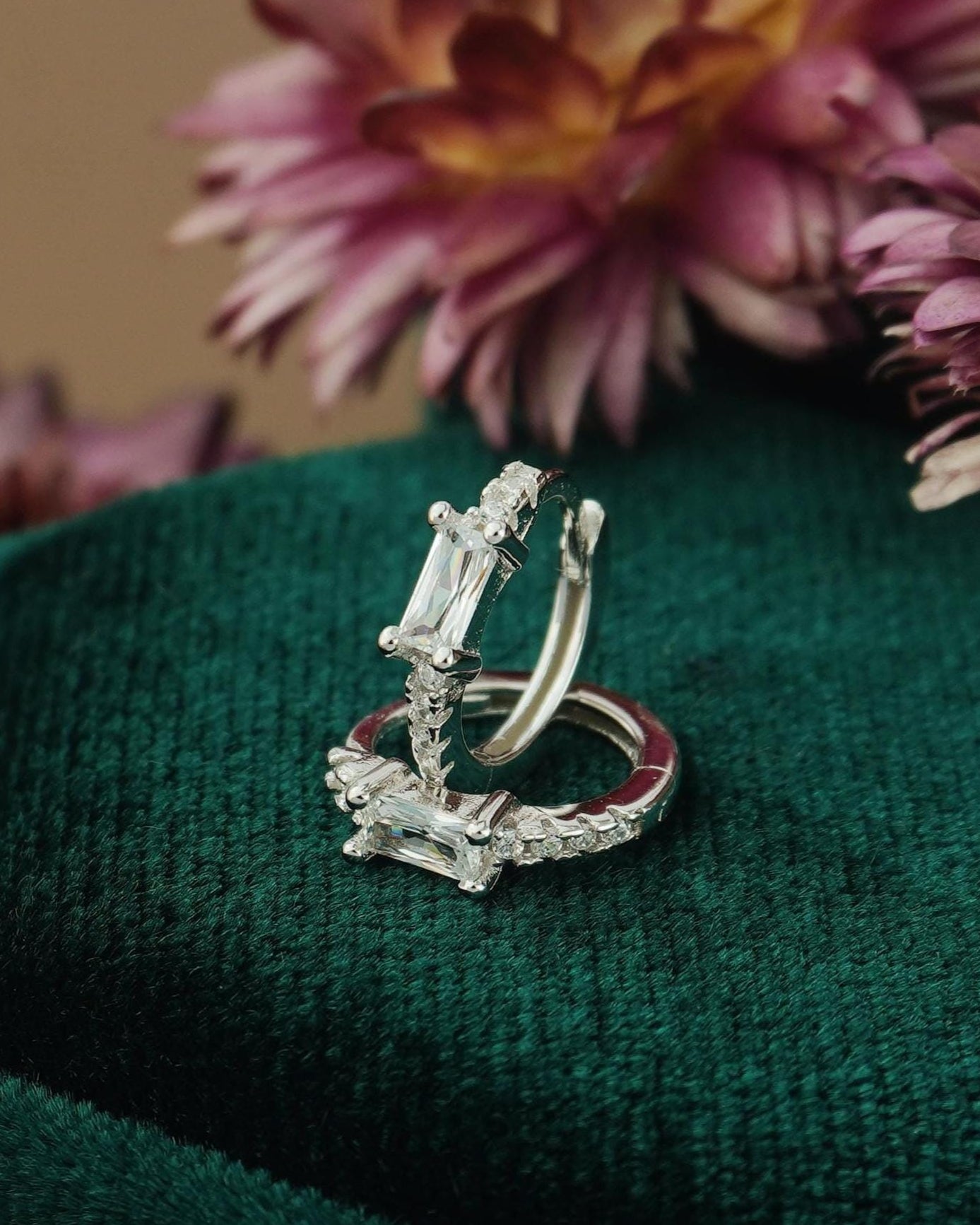 Pair of Baguette Emerald Green / Clear CZ Huggie Hoop Earrings in Sterling Silver or Plated Gold, Rectangular Gem Ear Jewelry