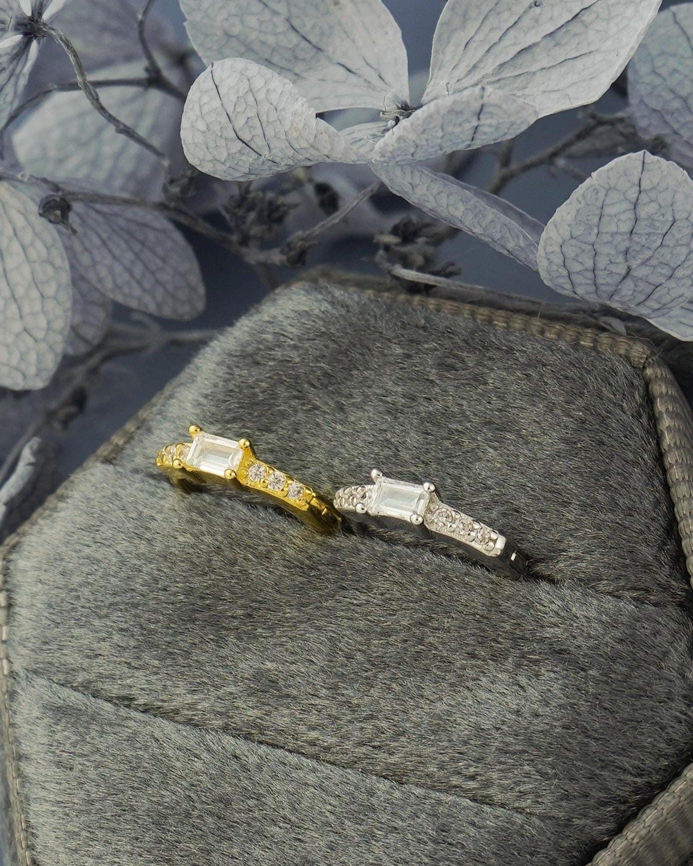 Pair of Paved Huggie Hoop Earrings in Sterling Silver or Plated Gold, Baguette CZ Stone