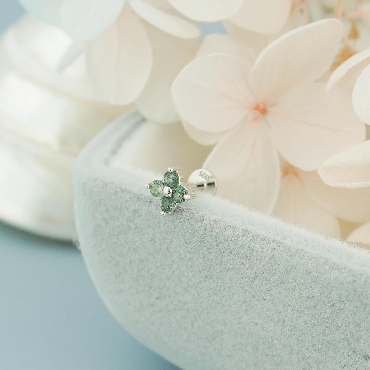 1 pc of Tiny Natural Green Moss Agate Flat Back Stud Earring in Sterling Silver /Plated Gold