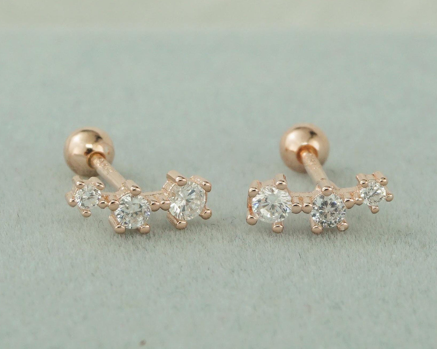 Pair of Tiny Sterling Silver Trio CZ Stud Earrings in Rhodium, Gold or Rose Gold Plated, Dainty Star Crawler with Screw Ball Back