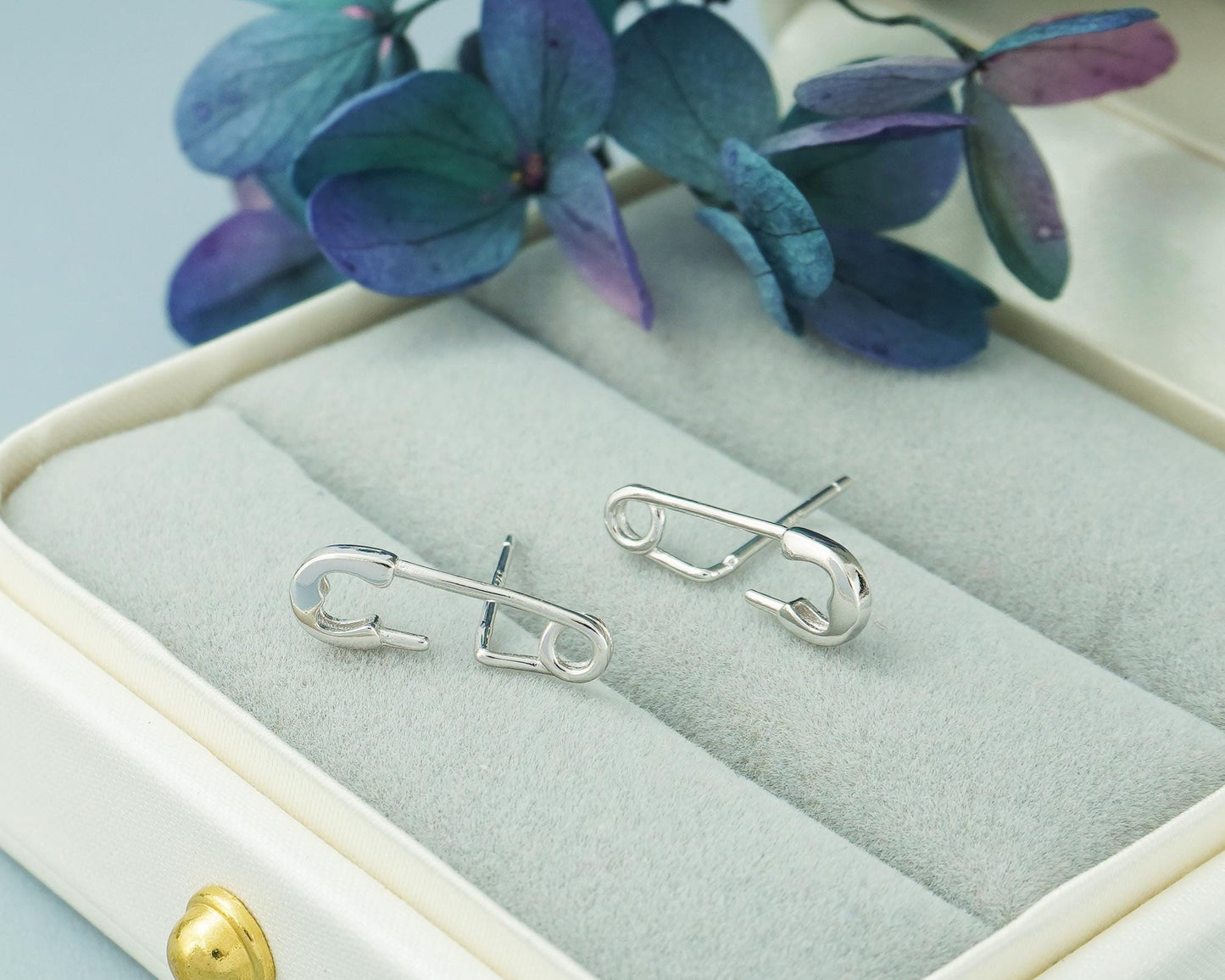 Pair of Safety Pin Stud Earrings in Sterling Silver, Novelty Quirky Punk Rock Jewellery