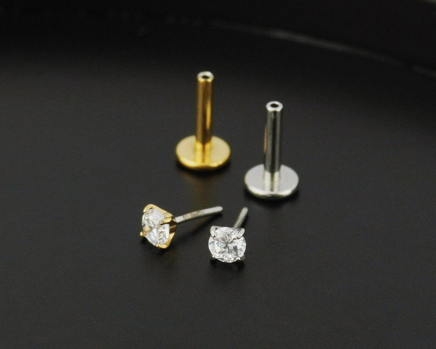 1 pc of Tiny Stainless Steel Push Pin CZ Crystal Stud Earring in Steel or Golden Finish, 5 Sizes Brilliant Round Gem