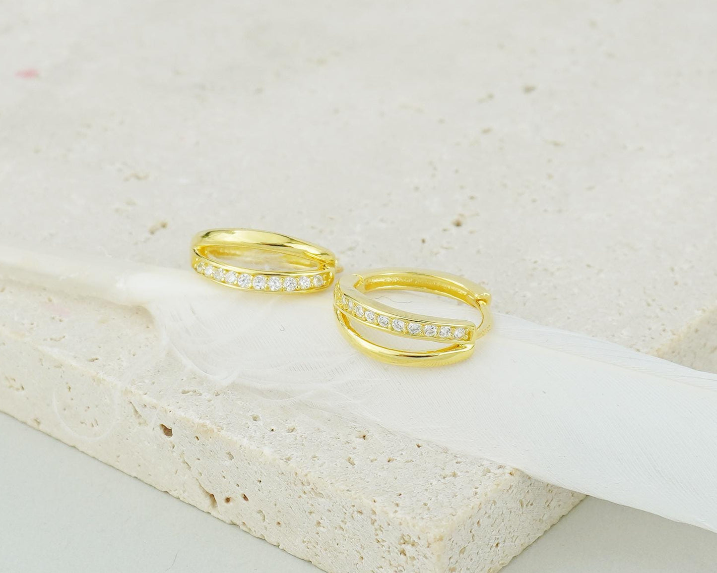 Pair of Sterling Silver Duo Asymmetric Ring Huggie Hoop Earrings in Rhodium, Gold or Rose Gold Plated