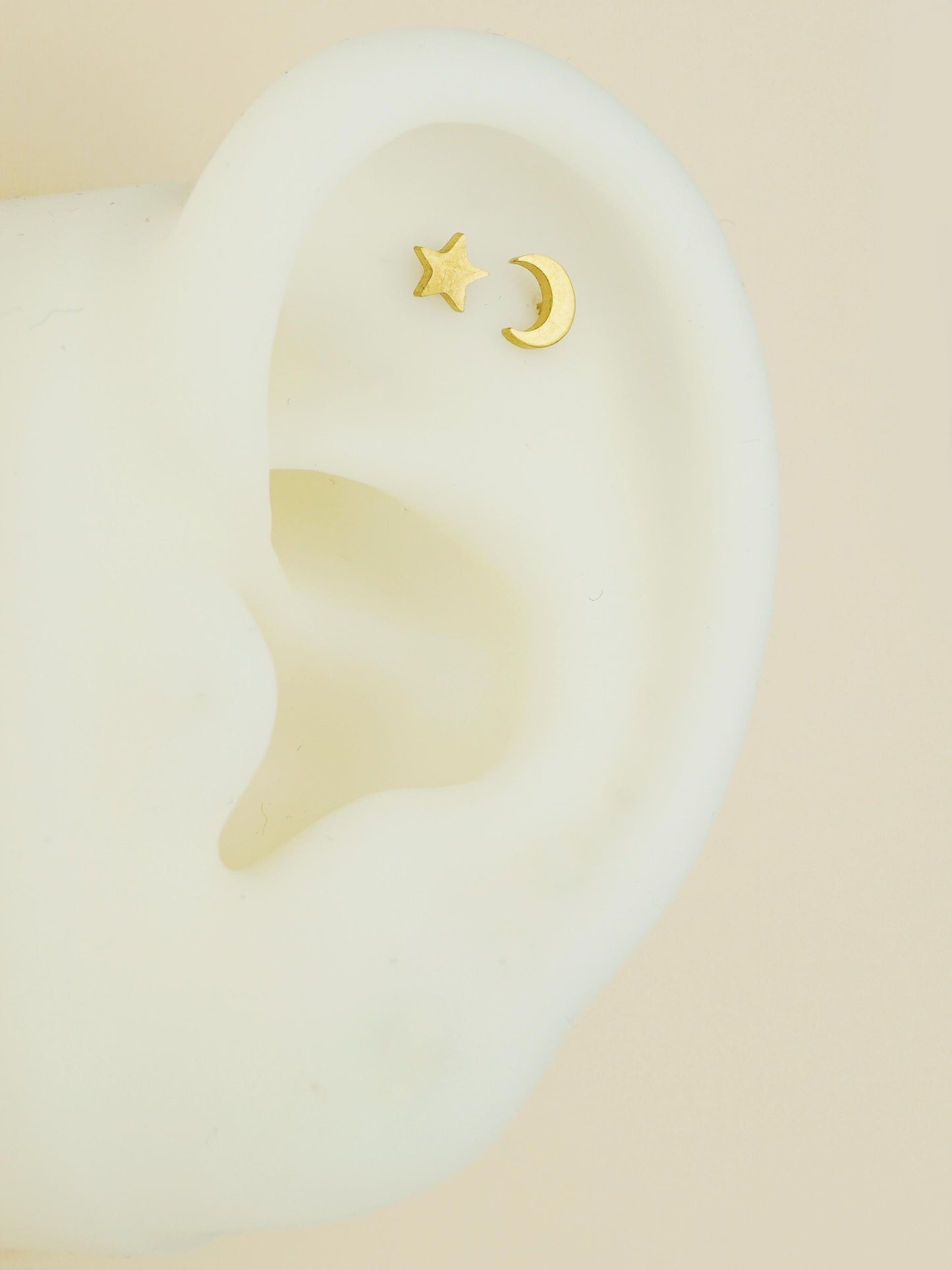 Pair of Stainless Steel Tiny Crescent Moon & Star Push-in Stud Earrings in Steel or Gold