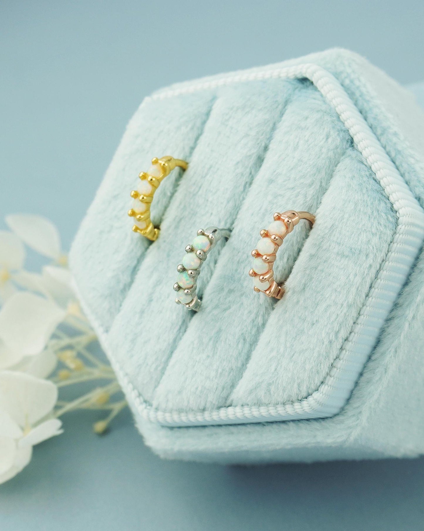 Pair of Elegant Opal Gemstone Huggie Hoop Earrings in Sterling Silver, 18ct Gold or Rose Gold