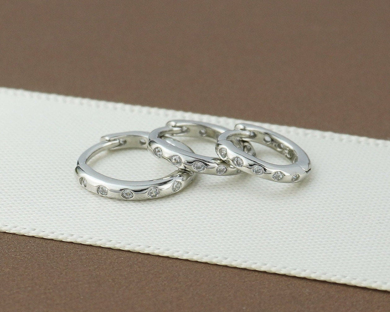 Pair of Sterling Silver Skinny Huggie Hoop Earrings with Smooth Round Edge, 3 Size, Gold or Rhodium Plated, Front & Back CZ