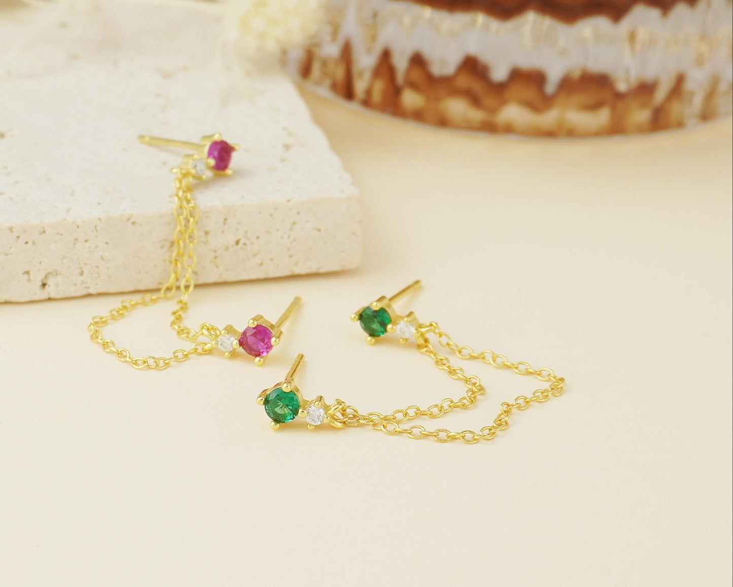 1 pc of Duo Emerald Green CZ Gem Stud Earring in Gold Plated over Sterling Silver, Dangly Double Chain, Layer Tassel Lobe & 2nd Hole Piercing