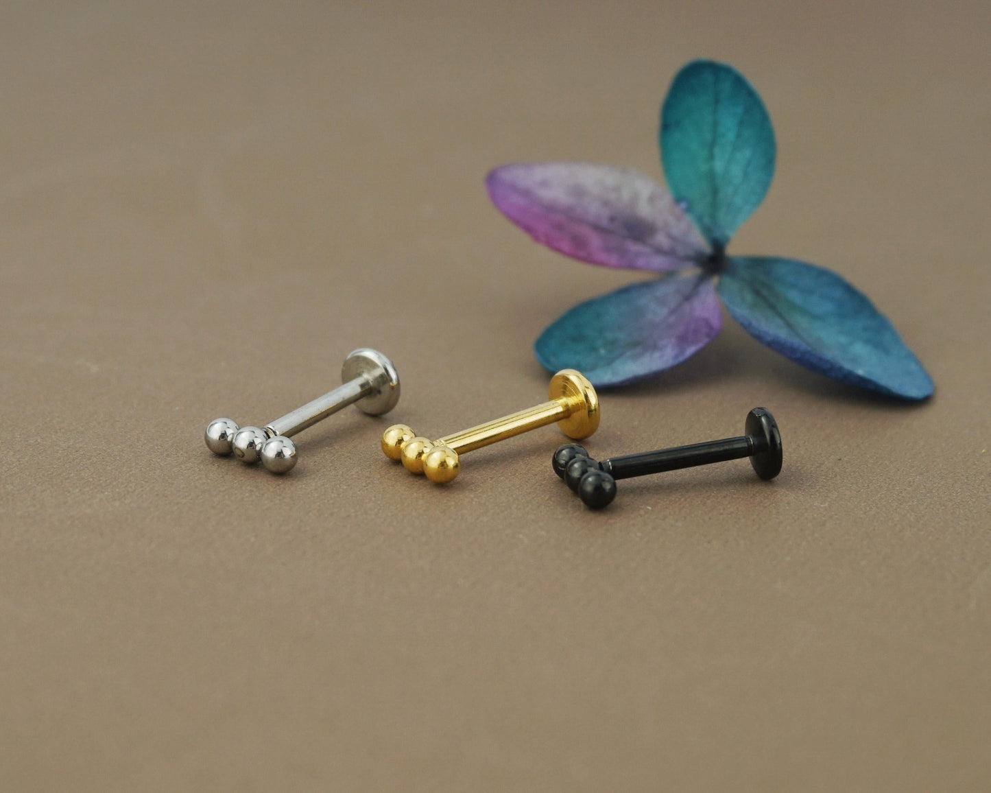 1 pc of Triple Ball Stainless Steel Push Pin Flat Back Stud Earring in Steel, Golden or Black Finish