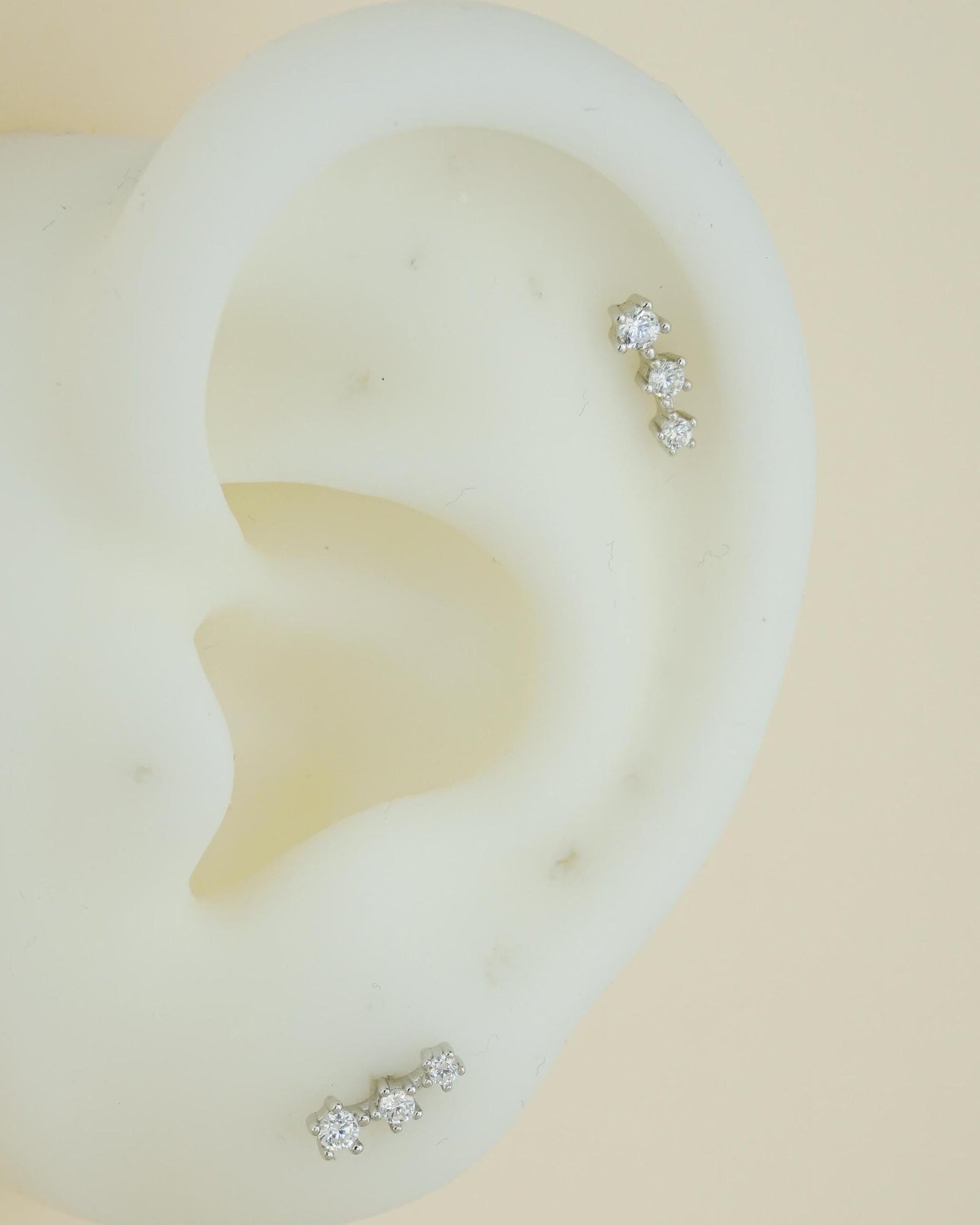 Pair of Tiny Trio CZ Sterling Silver Stud Earrings in Rhodium, 18ct Gold or Rose Gold Plated