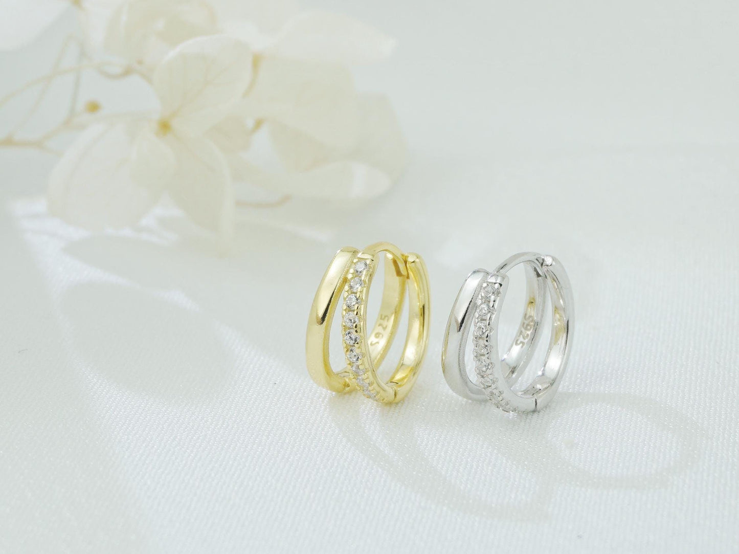 Pair of Duo Asymmetric Ring Huggie Hoop Earrings in S925 Sterling Silver or 18ct Plated Gold
