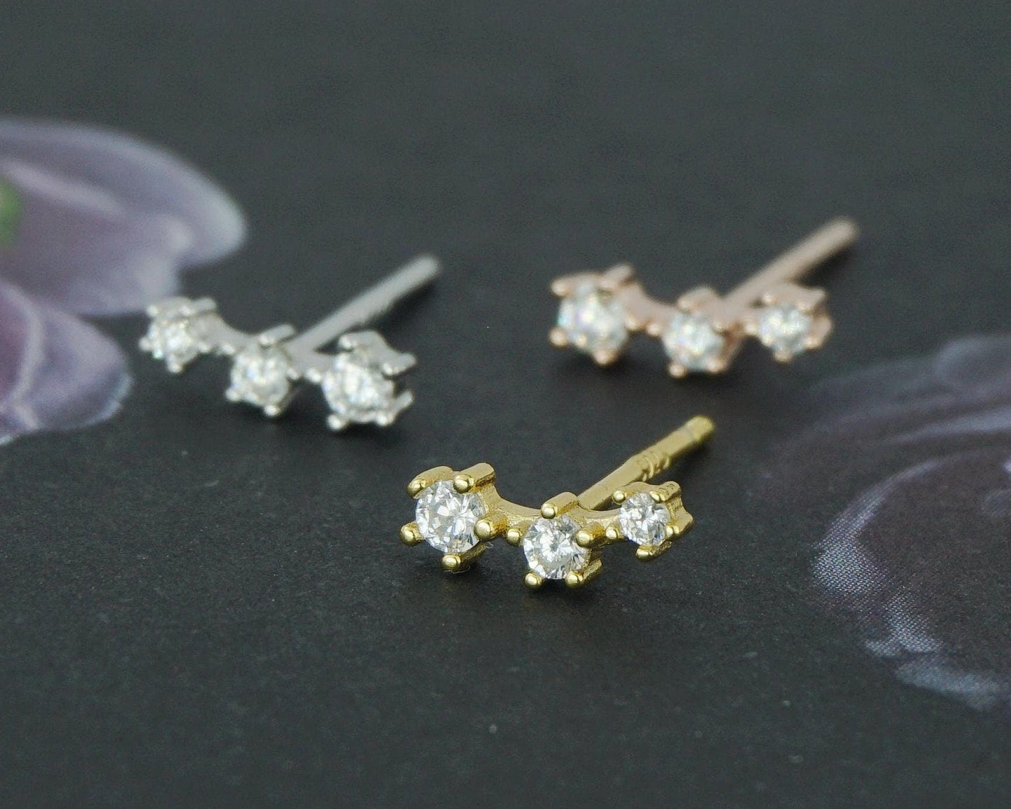 Pair of Tiny Trio CZ Sterling Silver Stud Earrings in Rhodium, 18ct Gold or Rose Gold Plated
