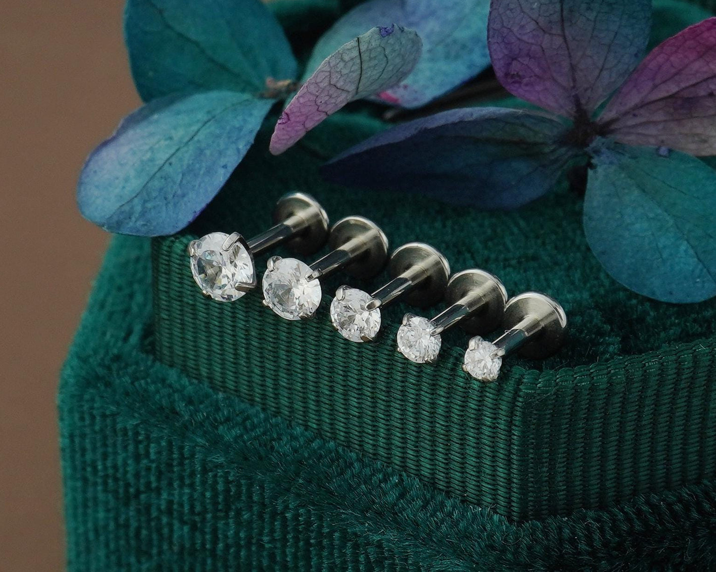 1 pc of Tiny Stainless Steel Push Pin CZ Crystal Stud Earring in Steel or Golden Finish, 5 Sizes Brilliant Round Gem