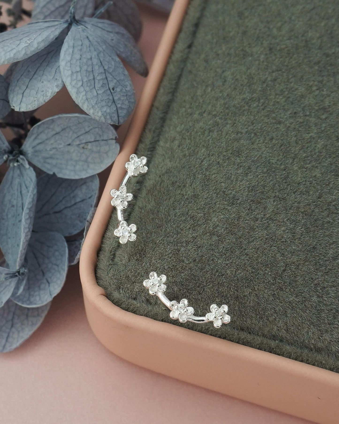 Pair of Tiny Trio Flower Climber Stud Earrings in Sterling Silver with Mini CZ Crystals