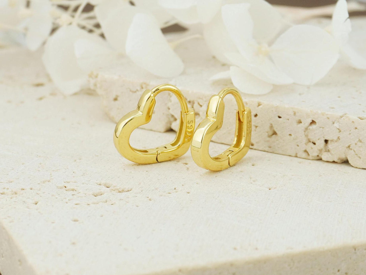 Pair of Minimal Love Heart Huggie Hoop Earrings in Sterling Silver / 18ct Plated Gold
