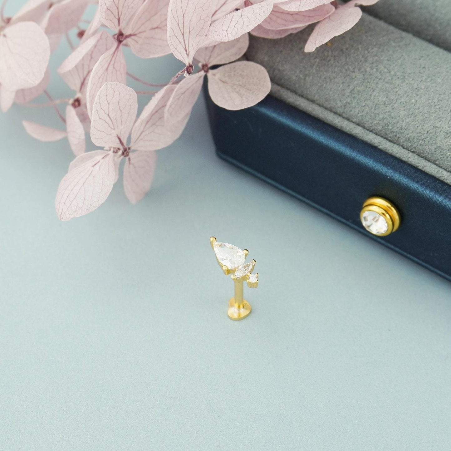 1 pc of CZ Stud Earring in 18k Gold Plated over Sterling Silver, Mini Trio Star/ Princess Cut/ Pear Cut Tragus Cartilage Labret