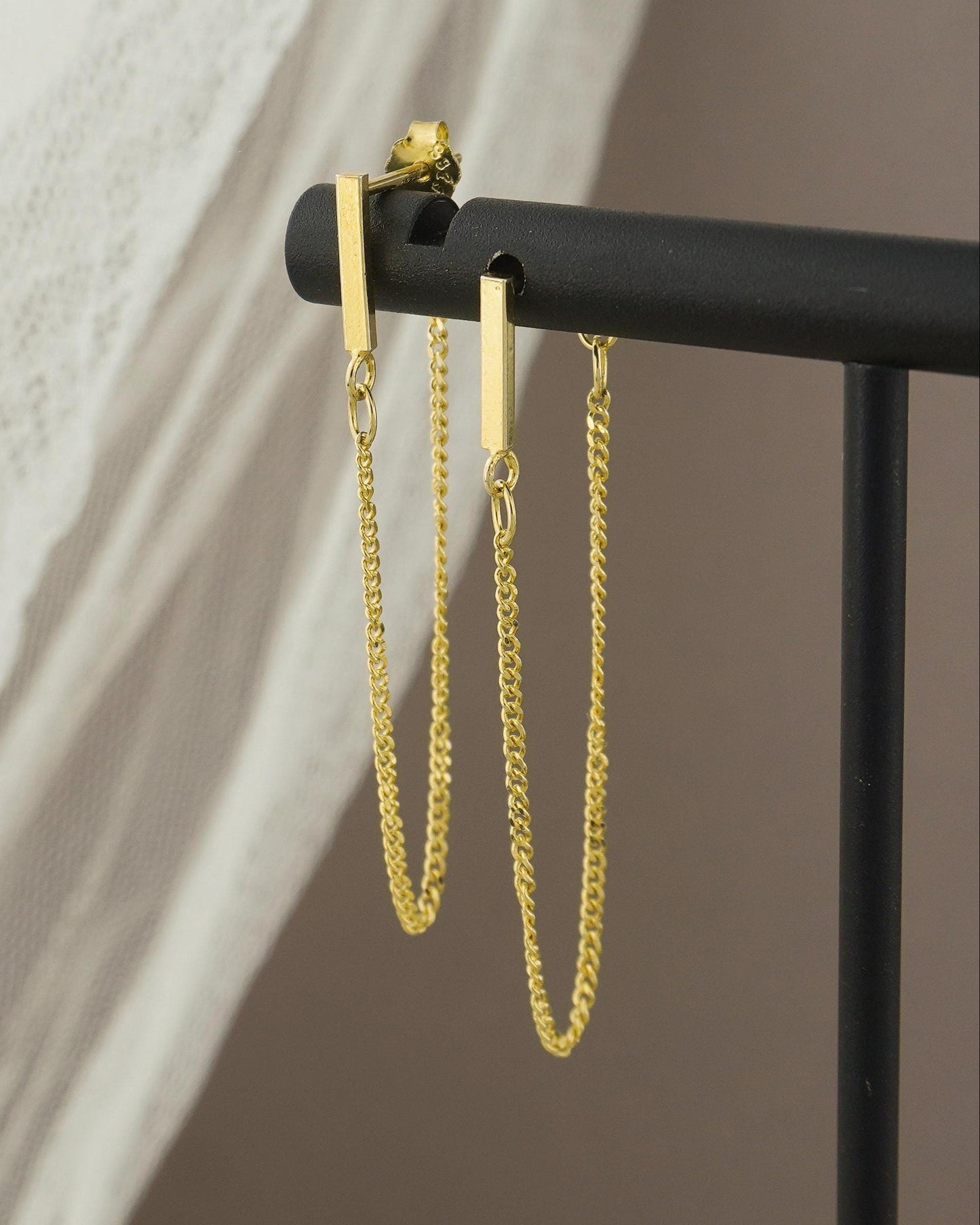 Skinny Bar Stud Earring with Long Dangling Front & Back Chain, 18ct Gold Plated over Sterling Silver, Minimal Geometric Ear Jacket
