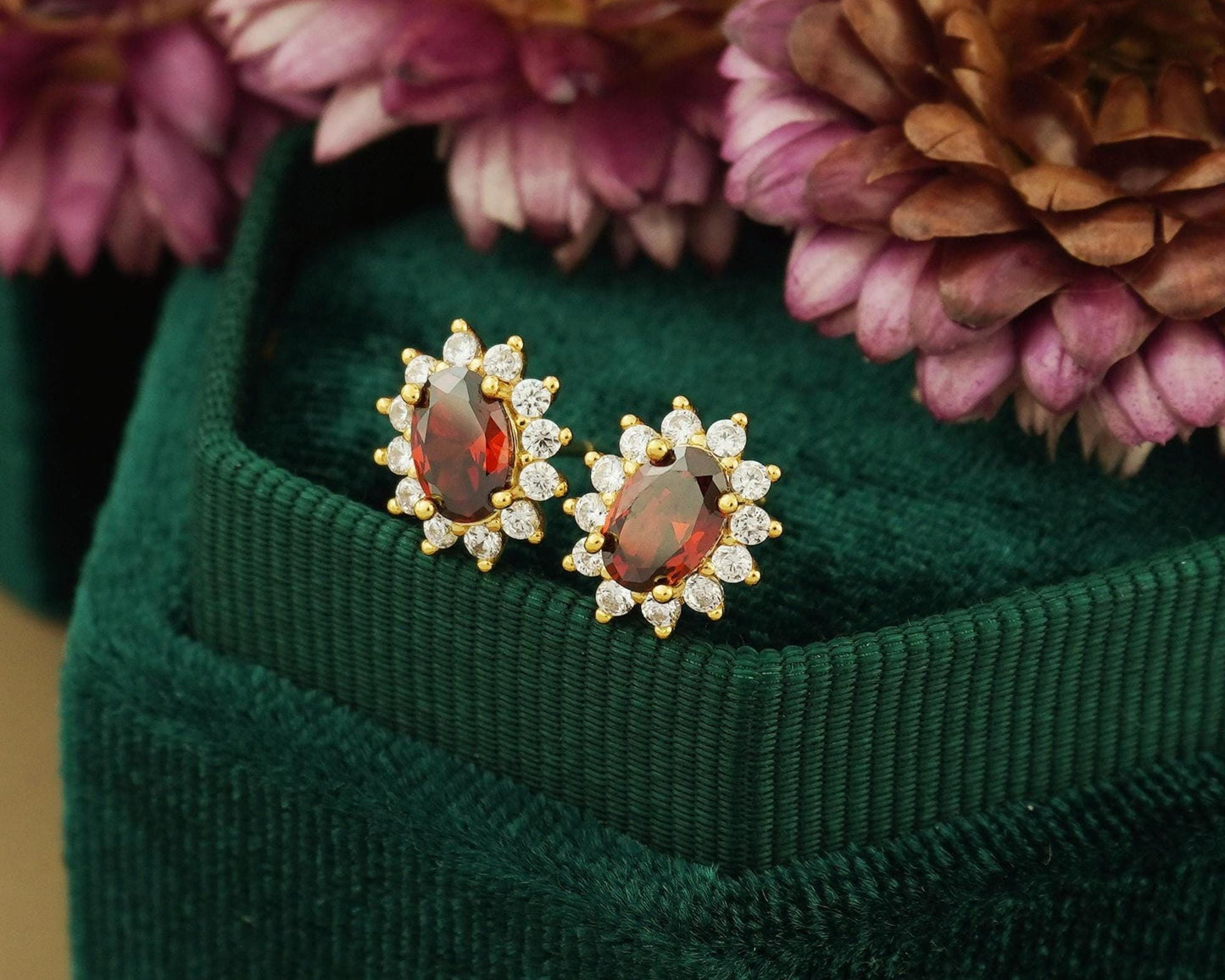 Pair of Halo Oval Red CZ Stud Earrings in 18ct Gold Plated or Sterling Silver