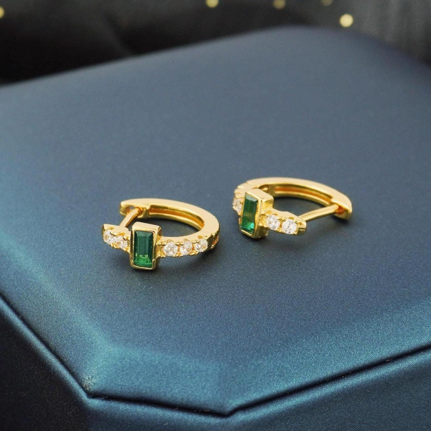 Pair of Emerald Green Baguette CZ Huggie Hoop Earrings in Sterling Silver or Plated Gold, Rectangular Crystal Gem Paved Loop Earlobe Jewelry